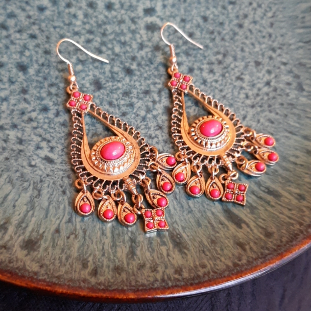 Pink and gold chandelier earrings